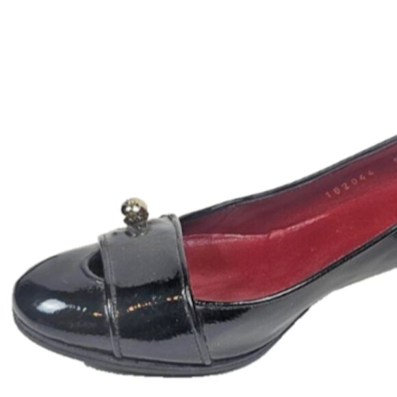 Gucci Black Patent Leather Peep Toe Logo Heels 5B Block Heel Made in Italy - Picture 2 of 9